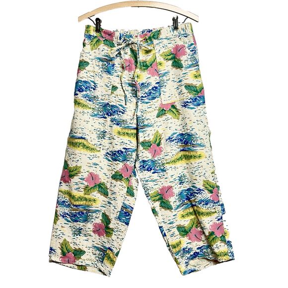 VTG Only Necessities Linen Pants Elastic Waist‎ Sz 14 Tropical Resort Vacation - Picture 1 of 6